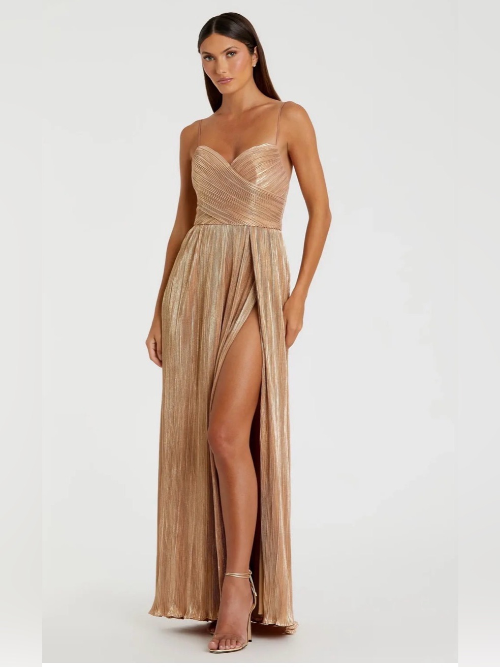Ieena For Mac Duggal Gold Metallic Ruched A Line Gown High Slit Dress Pleated 2